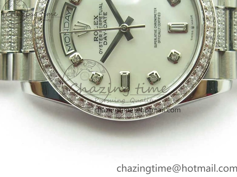 0516 Day-Date 36mm 128239 SS Crystal BP Best Edition White MOP Crystal Marker Dial on SS President Bracelet A MoistureWicking 2682